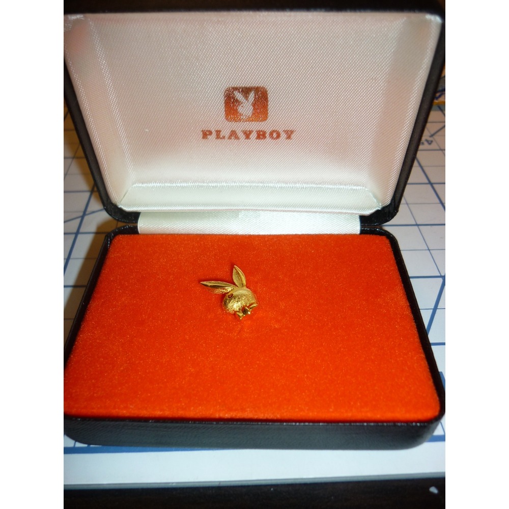 Vintage Playboy Bunny Head Lapel Pin Gold Tone Red Eye Original Box MCM 1970s